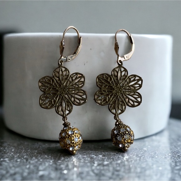 Jewelry - Brass earrings with rhinestone dangles.